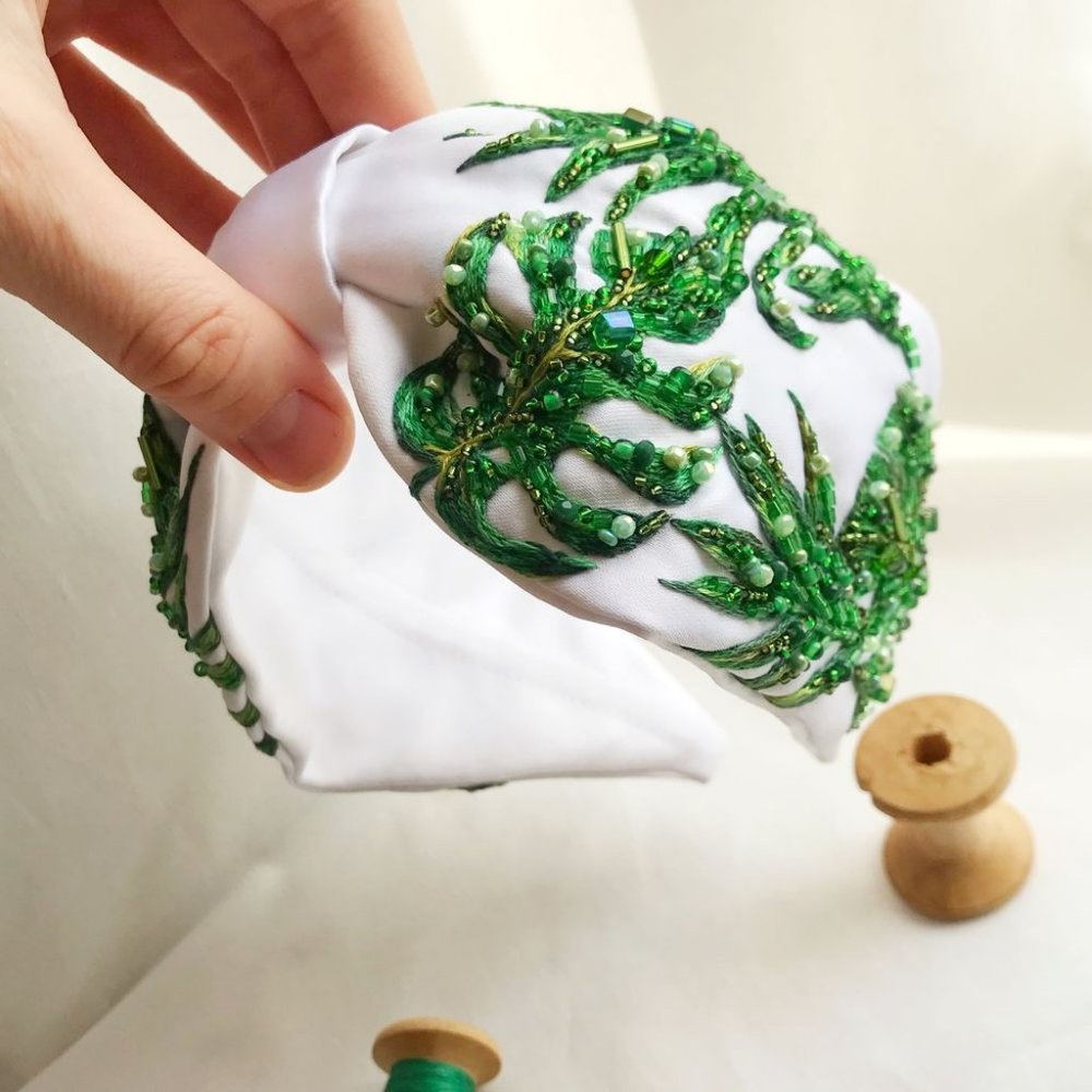 Green Palm Monstera Leave Beads Embroidery headband Hair Bangle Band Hoop Wreath
